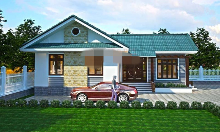 Nhà cấp 4 chữ L 100 m2 sử dụng gạch ốp màu ghi sẫm ở phần chân tường. Những mảng tường được ốp đá rối màu ghi vàng, gạch lát sàn. Ảnh: Angcovat.