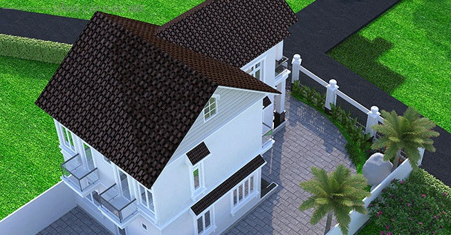 Nhà 2 tầng 100m2 đẹp hơn nhờ chút nắng cho mái ngói nâu đỏ và tiểu cảnh mặt tiền trước. Ảnh: Vinatrends.