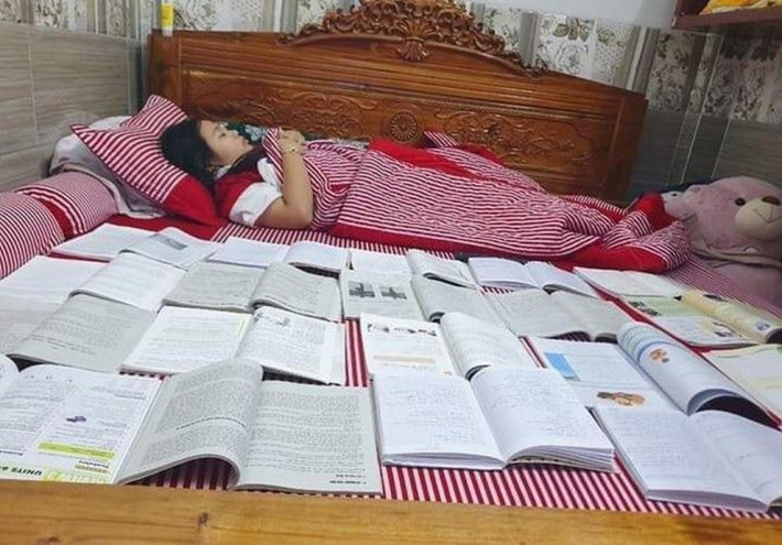 Đi ngủ nhưng vẫn phải dàn sách ra cho yên tâm (Ảnh: Fanpage Trường người ta)