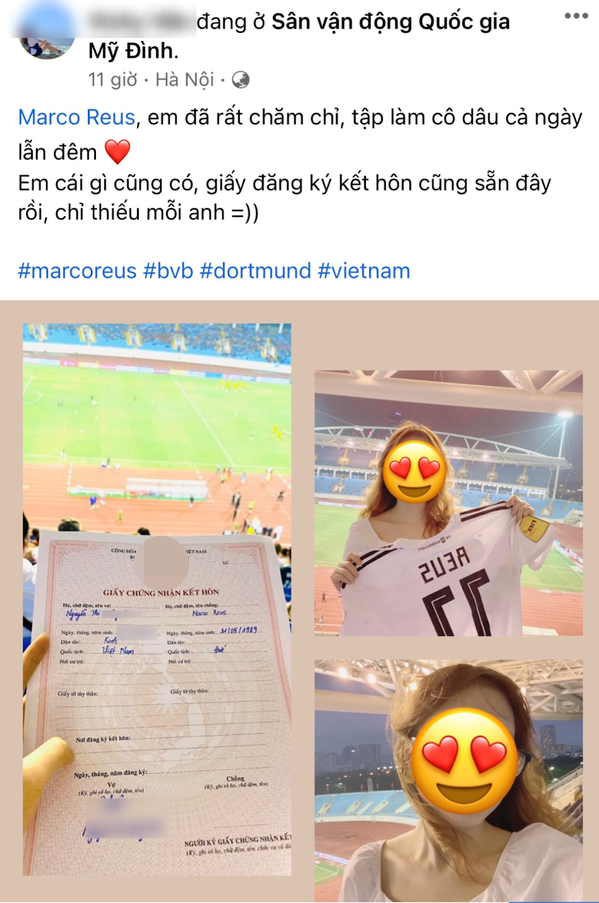 Người vinh hạnh được cô gái cầm giáy chứng nhận kết hôn tới SVĐ Mỹ Đình hôm ấy không ai khác chính là thủ quân của CLB "Vàng - đen" là Marco Reus.