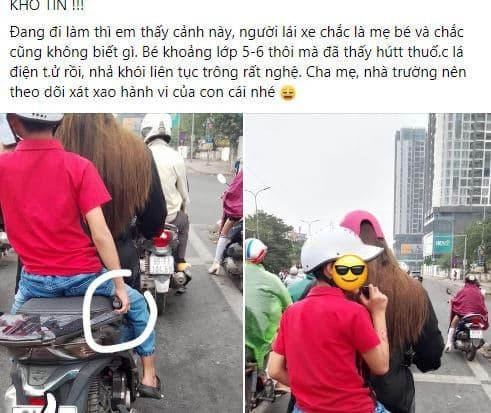 Trên một diễn đàn, dân mạng truyền tay nhau một mình ảnh khó tin. Khoảnh khắc ghi lại cảnh một bé trai ngồi sau mẹ đang hút thuốc lá điện tử.