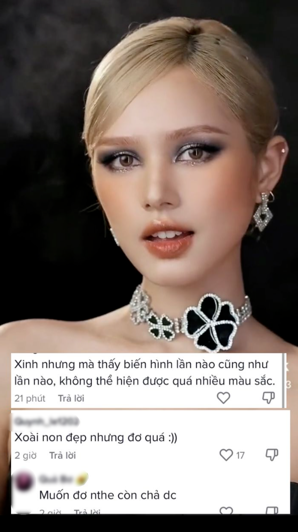 Chỉ qua một cái "búng tay", Xoài Non đã hóa thành một phiên bản khác với đôi mắt được đánh đậm, hàng lông mày ngang sắc nét. .