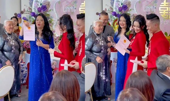 Người mẹ phát biểu: “Ở đây có 25 cuốn. Cái ni là công sức của con gái đã làm và dành dụm được tiền, mẹ đã đem về đây mua được 25 mảnh đất. Bây giờ, mẹ trao lại cho hai đứa”.