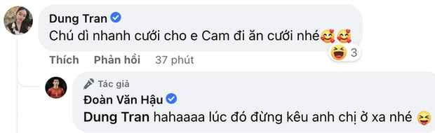 Dưới bài đăng, nàng WAG Dung Trần - vợ tuyển thủ Phạm Xuân Mạnh - đã bình luận giục giã cặp đôi Văn Hậu và Hải My về chuyện chung thân đại sự. Dung Trần nói: "Chú dì nhanh cưới cho em Cam đi ăn cưới nhé". Cam là biệt danh mà Xuân Mạnh và Dung Trần đặt cho con gái đầu lòng.
