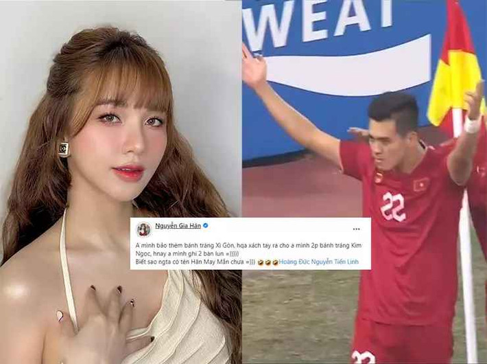 Mới đây, bạn gái xinh đẹp của Hoàng Đức là hot girl Gia Hân đã đăng ảnh Tiến Linh đang ăn mừng bàn thắng đầu tiên. Cô nàng gọi tiền đạo 9X bằng hai từ thân thiết “anh mình”.