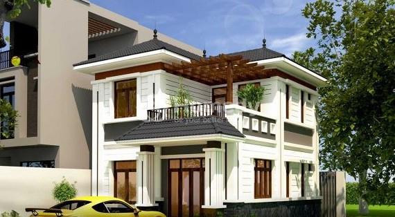 Mẫu nhà mái thái 2 tầng nổi bật với các chi tiết trang trí phào chỉ mạnh mẽ, nhấn nhá bằng các đường kẻ chỉ hài hoà. Ảnh: Homedy