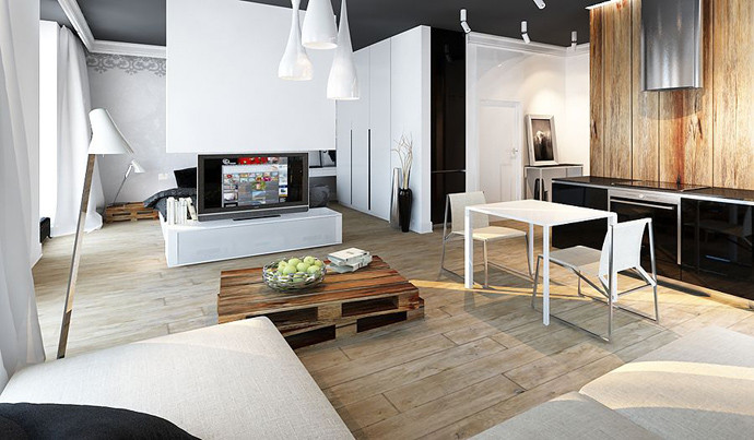 Với căn hộ 50 m2, phòng khách, bếp và bàn ăn đều tập trung trong một không gian. Ảnh: Designrulz.