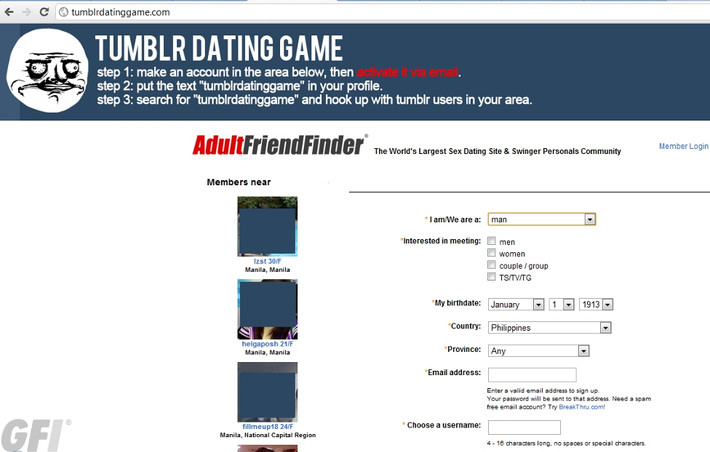 Trò chơi hẹn hò Tumblr (Tumblr Dating Game) thu hút người dùng nhấn vào các liên kết trong tin nhắn và lừa họ tạo những tài khoản hẹn hò mà thực chất dẫn đến trang web quảng cáo. Ảnh minh họa: Lemma.