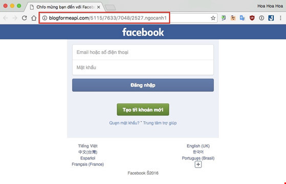 Khi nhấp vào liên kết, trình duyệt chuyển hướng đến trang web giả mạo tương tự như Facebook. Nếu đăng nhập, người dùng sẽ bị tin tặc chiếm đoạt. Ảnh: Minh Hoàng/Kynguyenso.
