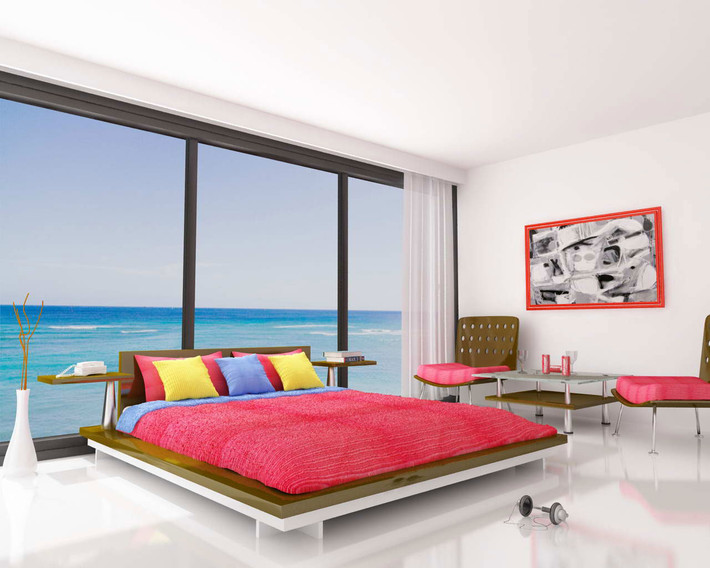 Giường ngủ đậm chất mùa hè trong căn phòng cạnh bãi biển xanh mát. Ảnh: Housebeatiful.