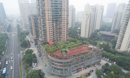 Khu vườn với hàng trăm cây xanh, một nhà ngang và một ngôi chùa trên nóc tòa nhà cao tầng ở Hàng Châu (Trung Quốc) được coi là một công trình khổng lồ. Ảnh: Shanghailist.