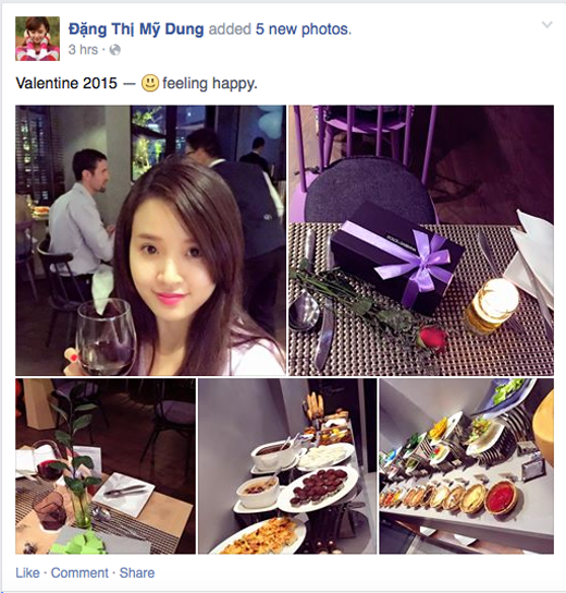Dịp 14/2/2015, Midu được chồng đưa đi ăn tại nhà hàng sang trọng, tặng hoa hồng đỏ và gói quà xinh xắn. Chồng của Midu là một đại gia nổi tiếng trong giới chơi xe tại Sài Gòn với bộ sưu tập xế hộp đắt đỏ. Ảnh: Yan.