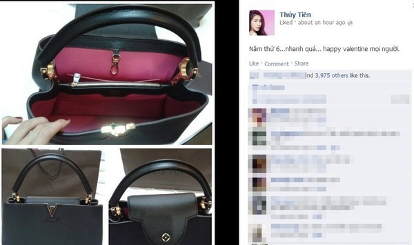 Mùa Valentine 2014, Thủy Tiên khiến nhiều người ghen tỵ khi nhận được quà Valentine từ Công Vinh là chiếc túi xách hàng hiệu có giá 5.600 USD (khoảng 120 triệu đồng). Ảnh: Khỏe & đẹp.