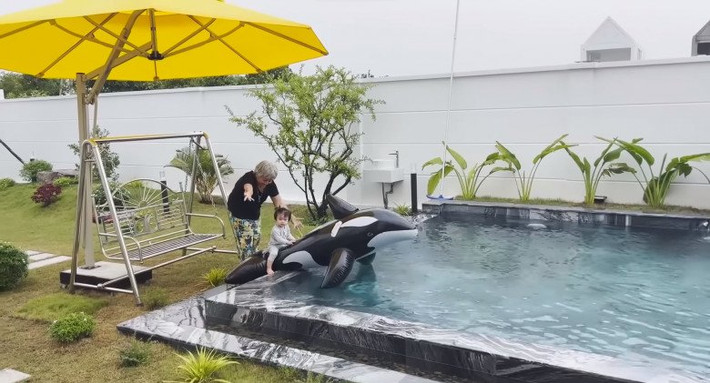 Lê Giang còn tậu nhiều đồ chơi phục vụ các cháu bơi lội như phao hình cá heo, khủng long...