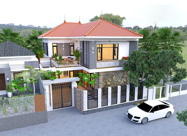 Hình khối bề thế, vuông vắn cùng nhiều đường nét nổi bật tạo nên vẻ đẹp hiện đại, trẻ trung của ngôi nhà 2 tầng chữ L. Ảnh: Thietkenoithatatz