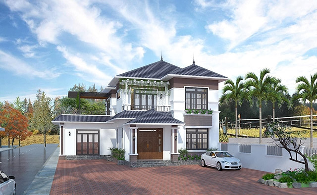 Nhà 2 tầng chữ L mái Nhật gây ấn tượng bởi cấu trúc nhẹ nhàng, kiểu dáng tiện nghi, đảm bảo sự tiện lợi trong bố trí mặt bằng. Ảnh: Thietkenoithatatz