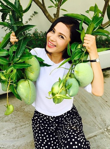 Việt Trinh hào hứng khoe những trái xoài to, căng mọng thu hoạch trong vườn.