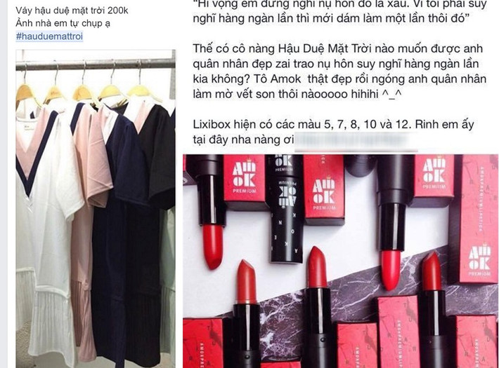 Các loại mỹ phẩm, phụ kiện như hoa tai, vòng tay, ốp điện thoại... "ăn theo" phim Hậu duệ mặt trời được rao bán ở mức 30.000 - 300.000 đồng. Có thời điểm, các chủ cửa hàng bán online thông báo "cháy" hàng hoặc tăng giá đồ mua nhưng lượng khách đông đảo. Chị Hoài (chủ cửa hãng online mỹ phẩm) cho biết: "Vì là sản phẩm ăn theo cơn sốt phim nên khách chủ yếu fan của bộ phim này. Không chỉ mua lẻ, nhiều người đặt hàng cho cả nhóm, ngày cao điểm, cửa hàng có tới gần 100 đơn hàng đủ loại".