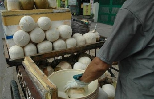 Khi ngâm dừa xiêm, các tiểu thương phải đeo găng tay để không dính hóa chất. Ảnh: Nông nghiệp Việt Nam.