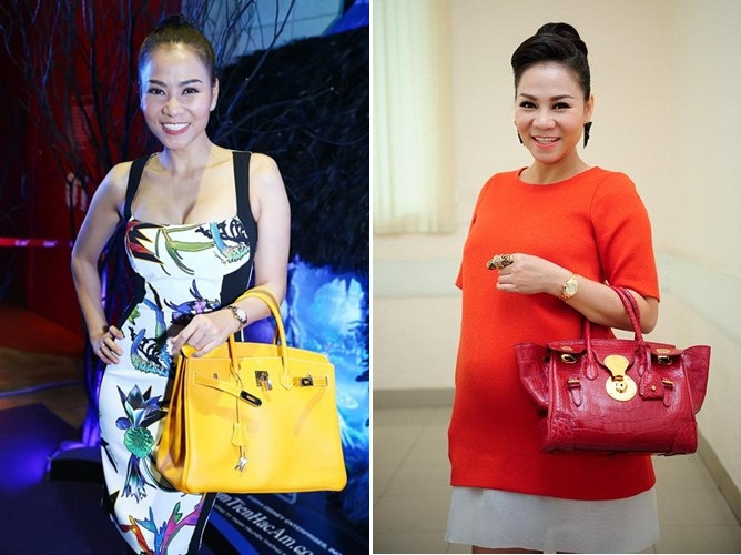 Thu Minh có một bộ sưu tập túi Hermes nhiều màu. Chiếc túi vàng trong hình có giá khoảng 17.900 USD (hơn 380 triệu đồng). Ngoài ra, các thương hiệu như Salvatore, Ralph Lauren cũng được nữ ca sĩ yêu thích. Không ít trong số đó có giá hàng chục nghìn đô la.