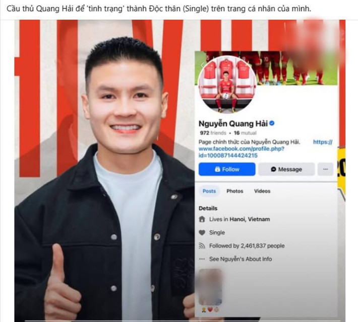 Mới đây mạng xã hội xôn xao khi tiền vệ Nguyễn Quang Hải để trạng thái độc thân trên trang cá nhân Facebook của mình. Trạng thái này khiến dân mạng bàn tán xôn xao bởi chỉ cách đây vài ngày vợ của nam cầu thủ là Chu Thanh Huyền liên tiếp vướng vào ồn ào bất chấp PR sản phẩm dành cho trẻ em.