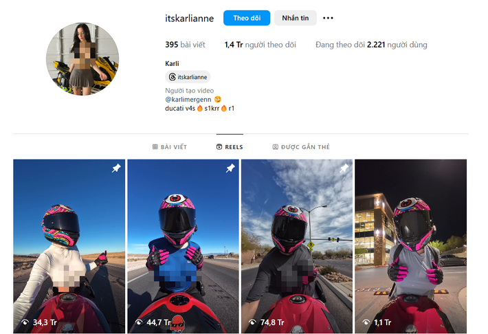 Sở hữu 1,4 triệu lượt theo dõi, kênh Instagram của nữ quái xế có tài khoản itskarlianne có tương tác cực lớn.