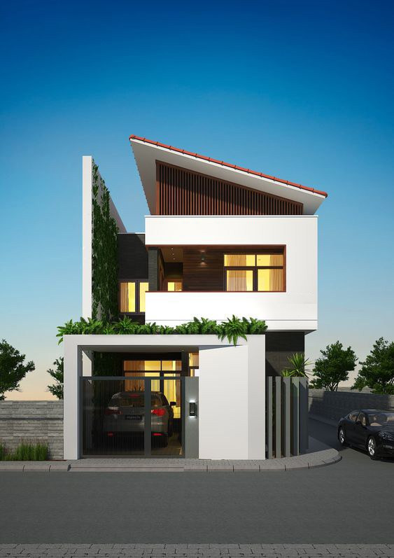 Mái ngói xéo đỏ vừa có khả chống nóng, chống ẩm lại tạo được điểm nhấn cho ngôi nhà. Tường sơn trắng điểm thêm đường sọc ấn tượng giúp mẫu nhà trông thanh thoát hơn. Ảnh: Wedo