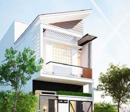 Nhà 2 tầng mặt tiền 5m với mái xéo hiện đại được đánh giá cao cả về kiến trúc ngoại thất. Mỗi chi tiết, yếu tố đều toát lên sự hài hoà, độc đáo. Ảnh: Maunhadepmoi