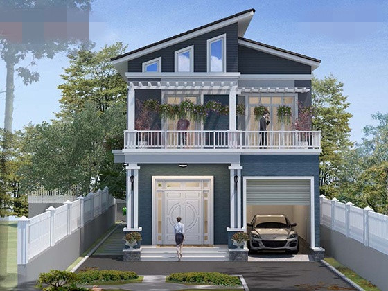 Nhà 2 tầng mái xéo mang phong cách biệt thự tân cổ điển, có 3 phòng ngủ. Ảnh: Angcovat