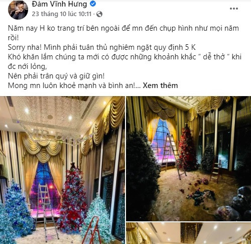 Sau nhiều ngày không hoạt động mạng xã hội, mới đây trên trang cá nhân, Đàm Vĩnh Hưng bất ngờ hé lộ không gian biệt thự 60 tỷ đang trang trí Noel hoành tráng. Ảnh chụp màn hình