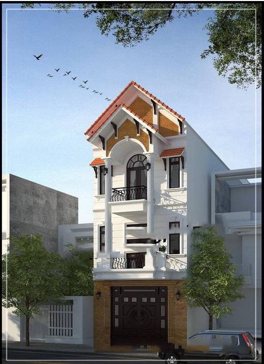 Hệ cửa gỗ sang trọng kết hợp lan can sắt mỹ nghệ đen như những điểm nhấn trên nền trắng của ngôi nhà. Ảnh: Kientruccuonggiahieu.