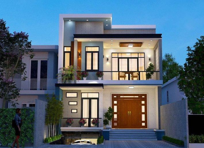 Mẫu nhà 2 tầng 1 hầm ấn tượng sử dụng kiến trúc vuông vắn với đường nét khỏe khoắn. Nhờ có tầng hầm mà căn nhà trở lên thoáng đãng, cao ráo hơn. Ảnh: Wedo