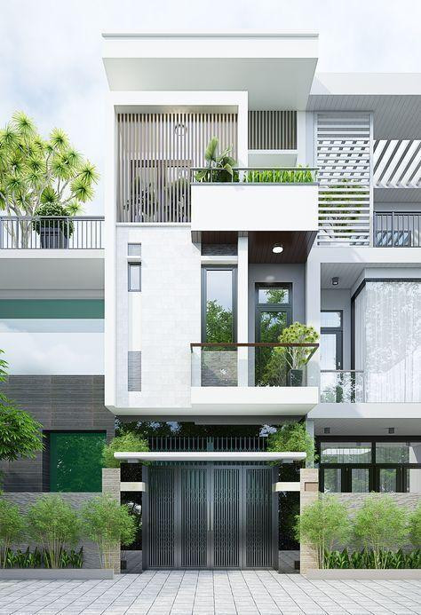 Mẫu thiết kế nhà ống 3 tầng mái bằng mang phong cách trẻ trung, sử dụng gam màu trắng chủ đạo. Ảnh: Wedo