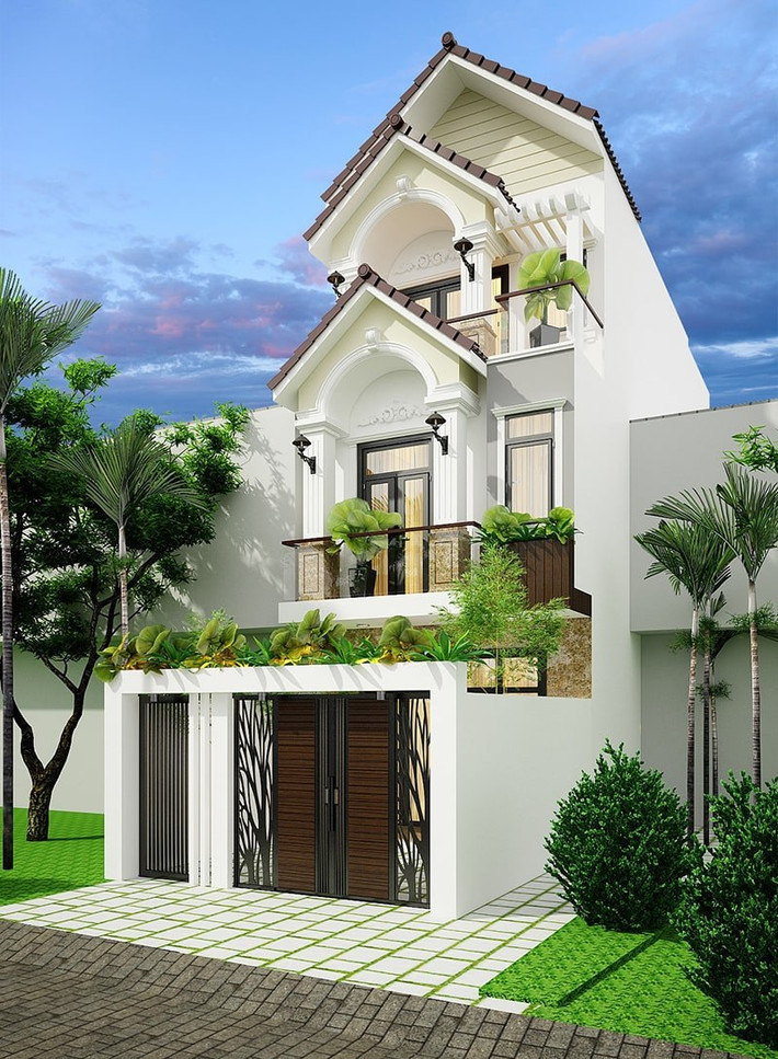 Với mặt tiền 5m, chiều sâu 15m, mẫu nhà 3 tầng mái thái được thiết kế hiện đại với điểm nhấn là cây xanh. Chi phí xây dựng khoảng 1,8 tỷ đồng. Ảnh: Wedo.