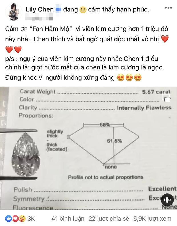 Mới đây, "ngọc nữ bolero" Lily Chen được người hâm mộ dành tặng một món quà vô cùng đặc biệt, đó là viên kim cương hơn 1 triệu đô (tương đương 22,7 tỷ đồng).