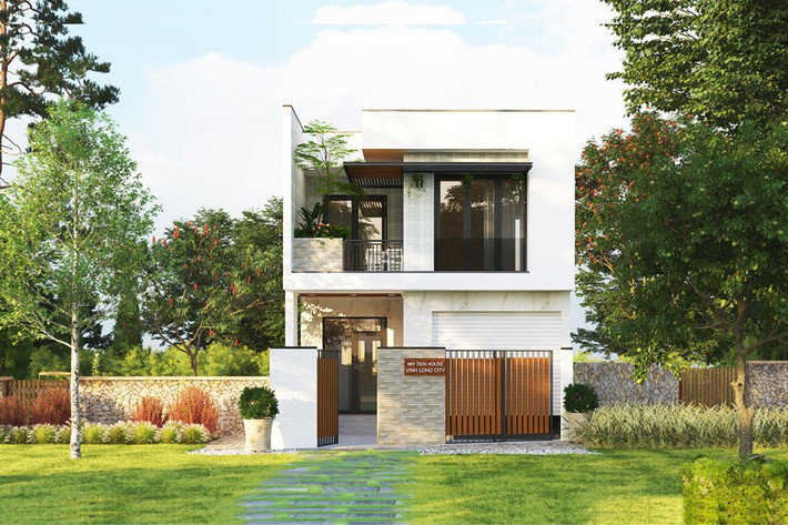 Mẫu nhà 2 tầng 6x10m hớp hồn người xem bởi màu trắng tinh khôi tương phản với màu đen của những khung của kính lan can. Ảnh: Wedo