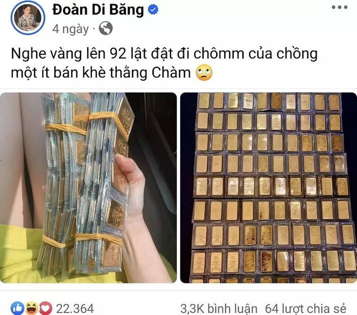 Trước khi vướng ồn ào, vợ chồng Đoàn Di Băng được biết đến với khối tài sản đồ sộ. Năm ngoái, khi giá vàng vượt mốc 92 triệu đồng/lượng, Đoàn Di Băng “phá kho”, mang 100 lượng vàng miếng SJC đi bán chốt lời. Ảnh chụp màn hình
