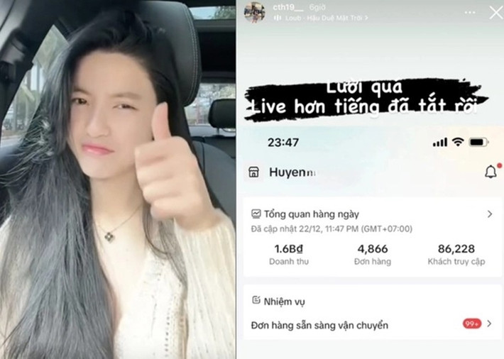 Tháng 11/2023, Chu Thanh Huyền khoe doanh thu livestream bán hàng trong hơn 60 phút được 1,6 tỷ đồng với gần 5 nghìn đơn hàng. Ảnh chụp màn hình
