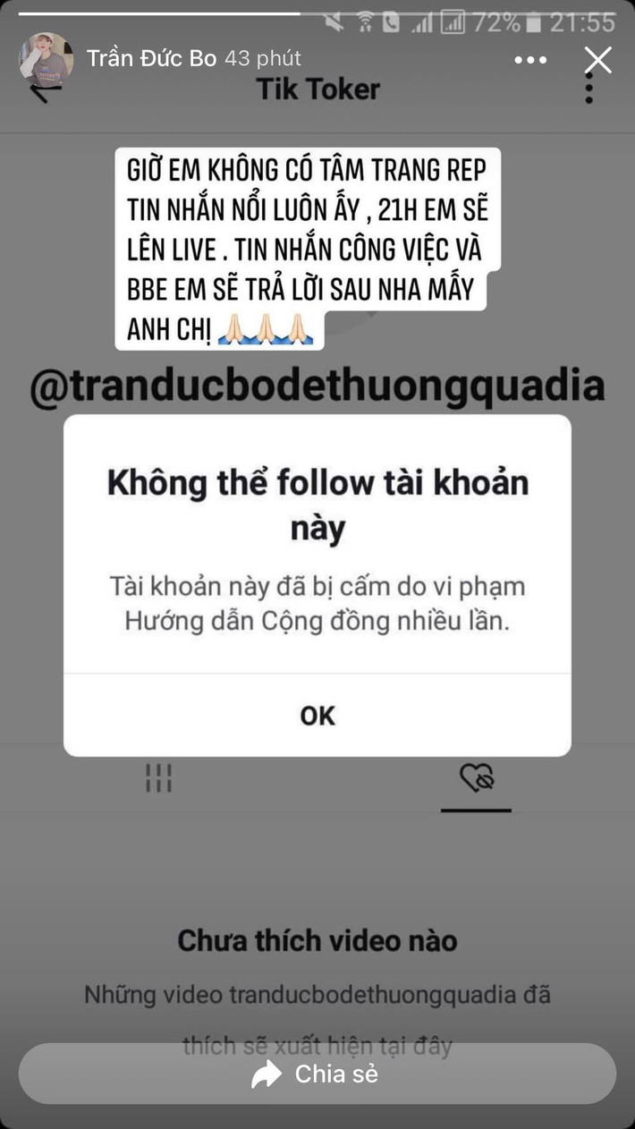 Không lâu sau đó, trang cá nhân Facebook của Trần Đức Bo cũng vừa đăng bài kể khổ và tiết lộ nguyên nhân tài khoản TikTok bị xoá mất.