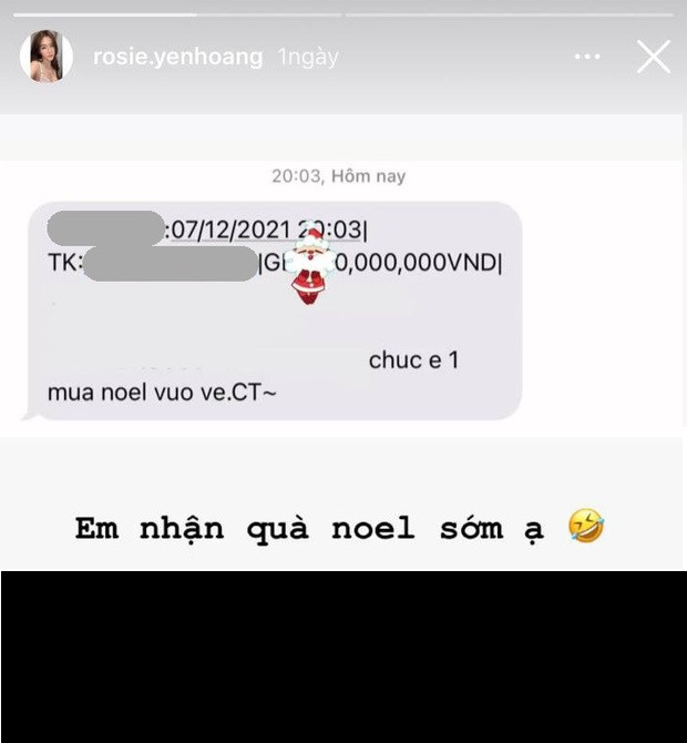 Cụ thể, trên Instagram, Hoàng Kiều Yến đăng ảnh màn hình tin nhắn nhận tiền với nội dung: "Chúc em một mùa Noel vui vẻ".