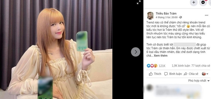 Ở trang fanpage có trên 2 triệu lượt theo dõi của idol, bên cạnh những hình ảnh về cá nhân và gia đình, ca sĩ Thiều Bảo Trâm đã đăng tải không ít bài viết quảng cáo cho các nhãn hàng sau thời gian ồn ào tình ái vừa qua.