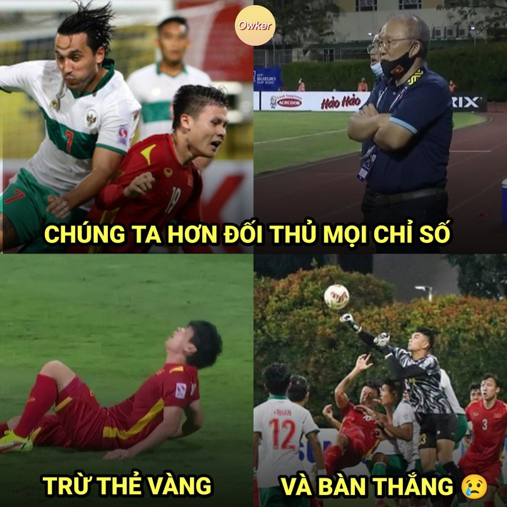 Đội tuyển Việt Nam áp đảo hoàn toàn Indonesia trên mọi chỉ số nhưng chỉ thua thẻ vàng và sự thay đổi trên bảng điện tử biểu thị tỷ số.