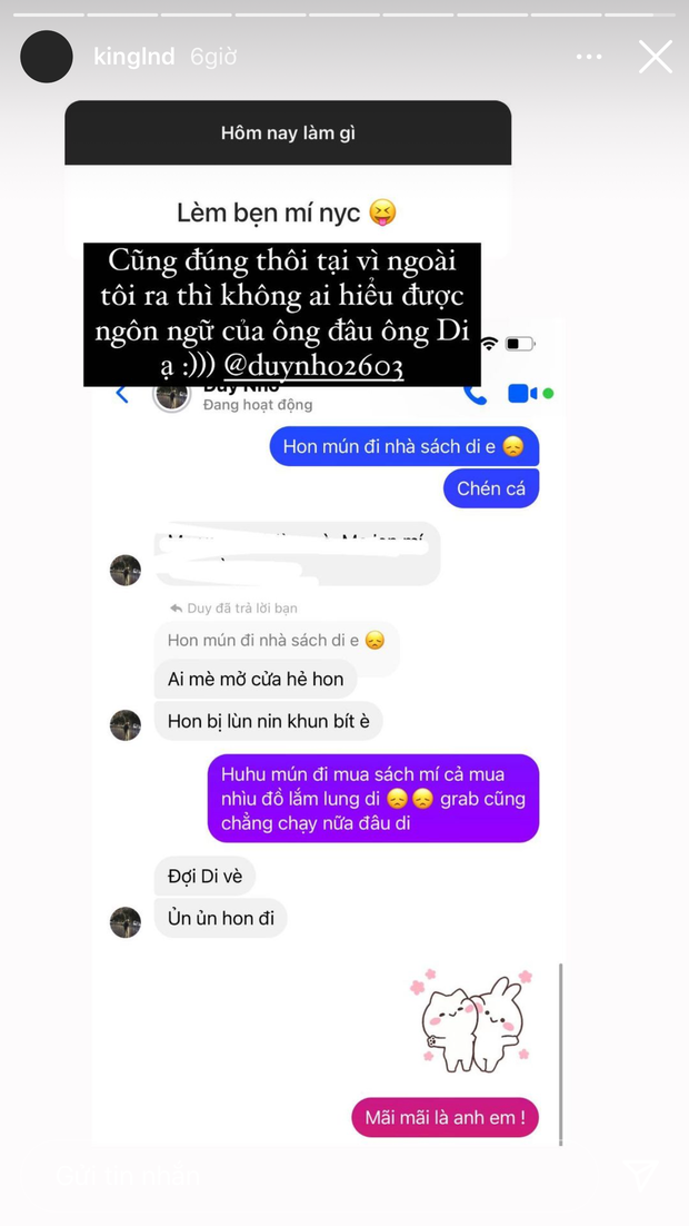 Cụ thể trong phần Q&A trên Instagram, Linh Ngọc Đàm bị fan hỏi "Làm bạn với người yêu cũ". Cô nàng đã đăng đoạn chat của mình và bồ cũ kèm caption: "Cũng đúng thôi. Tại vì ngoài tôi ra thì không ai hiểu được ngôn ngữ của ông đâu ông Di (Duy) ạ".