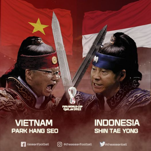 Ảnh chế bóng đá trước trận đấu giữa đội tuyển Việt Nam và Indonesia tại vòng loại World Cup 2022 khu vực châu Á là cuộc so tài giữa 2 vị chiến lược gia đến từ Hàn Quốc. Phía "Rồng vàng châu Á" là HLV Park Hang Seo còn bên kia chiến tuyến là ông Shin Tae Yong.