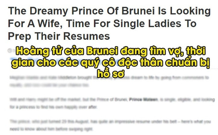 Mới đây, trên mạng xã hội bất ngờ xuất hiện thông tin về việc hoàng tử Brunei - Abdul Mateen đã đăng thông tin tuyển vợ.