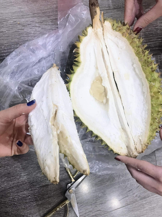 Trên bài đăng, cô gái này viết: "Quả sầu riêng bên bán bảo là sầu Ri múi to lắm, cả nhà ăn không hết. Chật vật mãi mới bóc ra được, nào ngờ… Hận thằng bán sầu!"