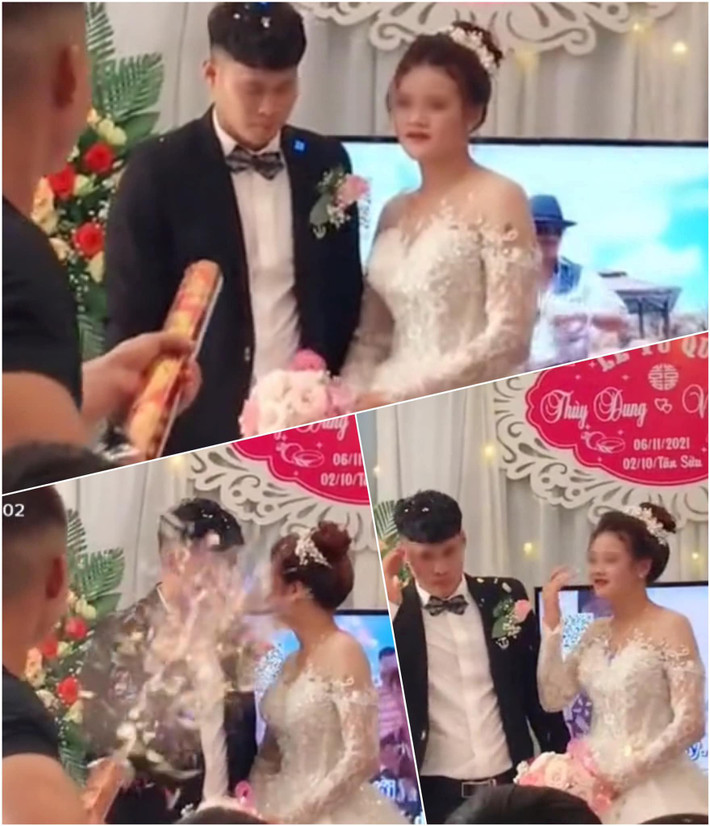 Mới đây, nhiều hình ảnh được chia sẻ trên mạng xã hội ghi lại khoảnh khắc cô dâu - chú rể đang trên bục cử hành hôn lễ thì bất ngờ "tối tăm mặt mũi" do một thanh niên "tấn công" bởi màn bắn pháo giấy đám cưới.