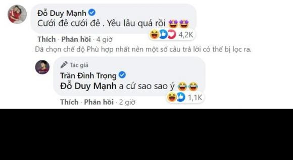 Trong khi đó, cầu thủ Duy Mạnh nhắn Đình Trọng: "Cưới đê, cưới đê. Yêu lâu quá rồi". Nhiều người cũng ủng hộ ý kiến của ba bé Ú.