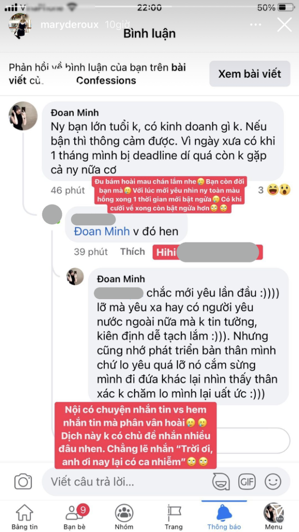 Mới đây, nữ chính show hẹn hò "Ghép đôi thần tốc" lại gây sự chú ý của cộng đồng mạng khi up story nói đạo lý về chuyện tình yêu. Cụ thể, Đoan Minh đã đi comment dạo trên một trang confession để tư vấn chuyện tình cảm cho một cô gái, có vẻ là đang yêu xa, tình cảm đang gặp trục trặc.