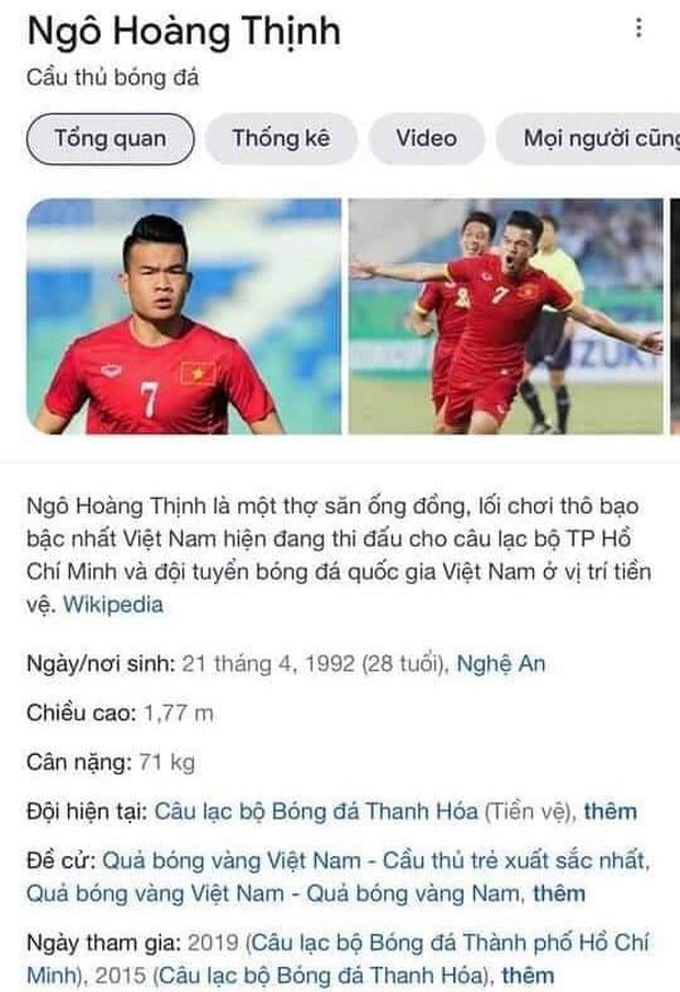 Lục tìm thông tin cá nhân trên trang Wikipedia của Ngô Hoàng Thịnh, một số dân mạng còn sửa thành "Thợ săn ống đồng" và "cầu thủ sở hữu lối chơi thô bạo bậc nhất". Đây là những bình luận ác ý và không nên.